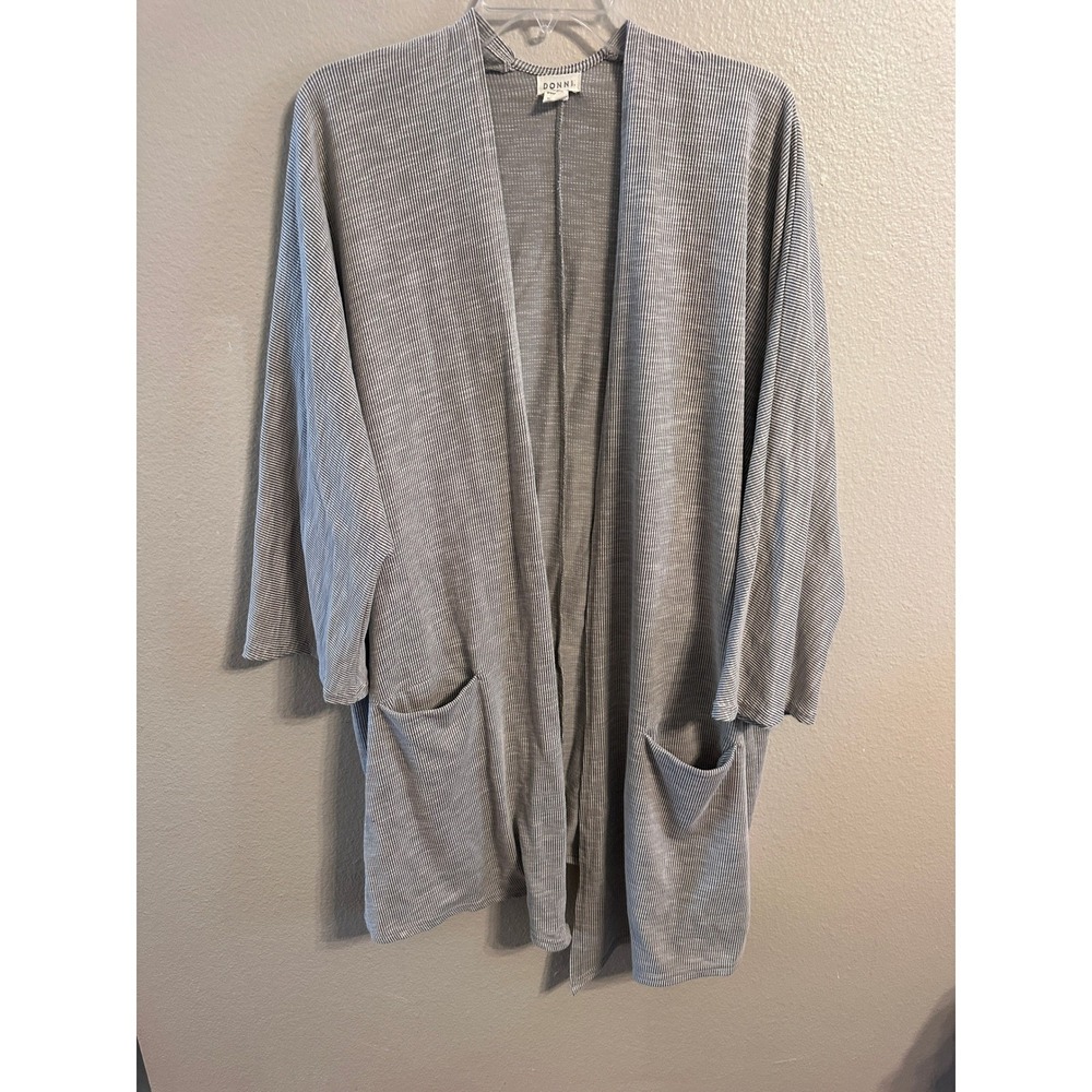 DONNI Ribbed Open Front Cardigan Grey White Striped OSFA Plus Pockets Loungewear